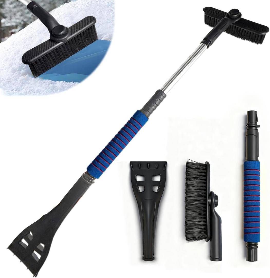 Ice Scraper and Snow Brush for Car, Lightweight 7" Brush Head & 33.5" Extendable Handle for Quick Windshield and Window Cleaning on SUV, Truck, Auto (Blue)