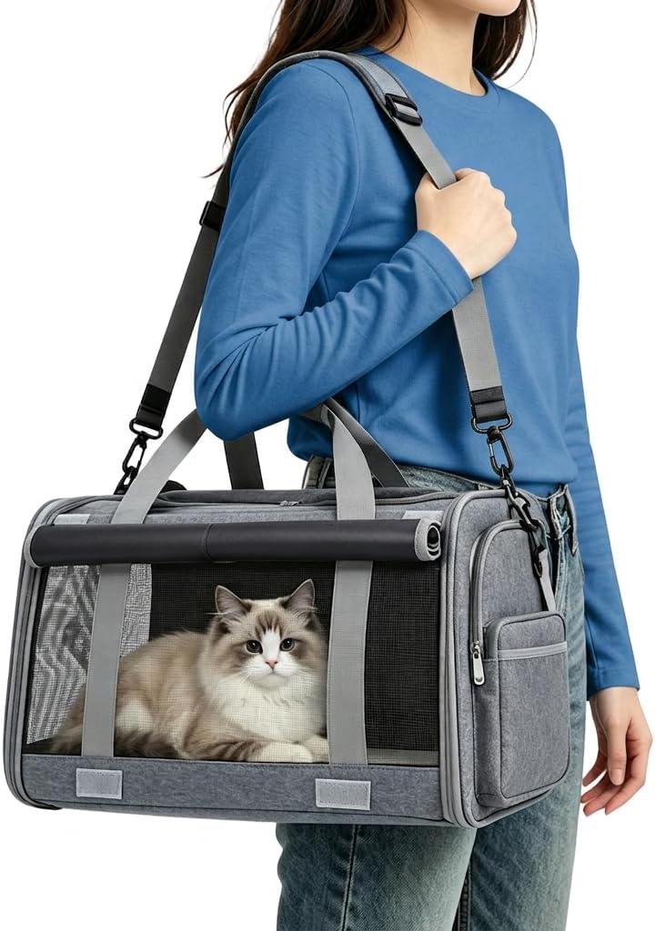 Pet Carrier for Medium-Small Cats, Collapsible Cat Carrier and Soft-Sided Pet Carrier for Cats and Small Dog Up to 17lbs, Stress-Free Travel with Privacy Cover, Travel Bag L18.9X11.42X11.42
