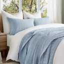 EVERGRACEHOME Stonewashed Cotton Quilt Set Queen Size, Ultra Soft Oversized Bedspread Coverlet Set, Lightweight Crinkle Box Stitch Bedding Sets for All Season, with 2 Matching Shams, Blue Linen