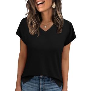 WIHOLL Womens Tops Basic Summer V-Neck T-Shirts Short Sleeve Dressy Casual Loose Fit Cute Tee Clothes Trendy Fashion Outfits, Black, XL 