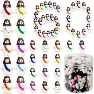 60 Pcs Little Jesus Figures Easter Mini Rubber Toys to Hide and Seek, Pocket Jesus Loves You Miniatures Religious Party Favors Baptism Gifts Sunday School Easter Egg Stuffers (10 Color_60)