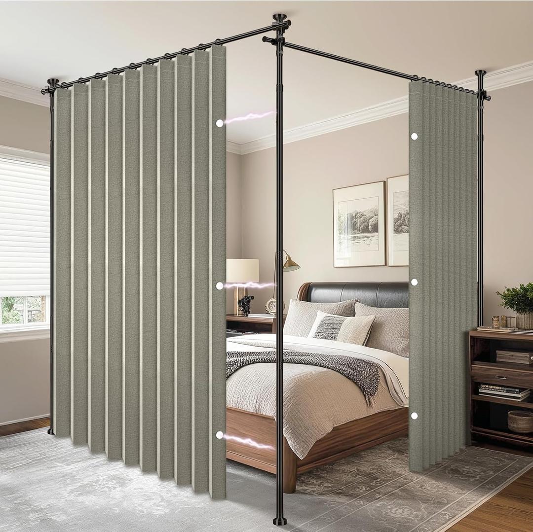 AJAZZ Privacy Curtains for Room Divider with Blackout & Soundproof (2 Panels, Grey, W100 x L96 in)+ No Drill Curtain Rods(H) 43-120(W) 35-200 in, Wall Divider for Bedroom/Studio/Office Curtain