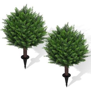 Sykart Artificial Cedar Topiary Ball Trees, 2 Pack Artificial Shrubs Bushes with Ground Spike, UV Resistant Fake Plants for Christmas Porch Decor