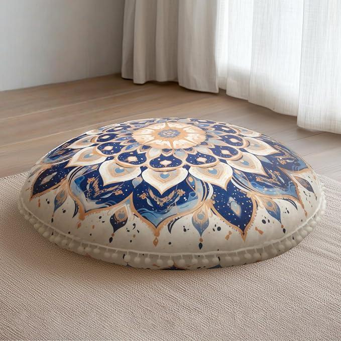 Meditation Floor Cushion, Round Floor Pillow, Navy Blue | 80cm Large Ergonomic Yoga Floor Cushion with Removable Cover & Pom-Pom Accents, Decorative Pillows Indoor/Outdoor Use