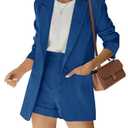 Fisoew Women's 2 Piece Open Front Long Sleeve Blazer and Solid Short Pants Suit Sets Royal Blue XL