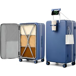 Hanke 28 Inch Top Opening Checked Luggage with Cup Holder and USB Ports | Aluminum Frame Hard Shell Suitcases with 8 Spinner Wheels,TSA Lock, Removable Divider, Interstellar Blue