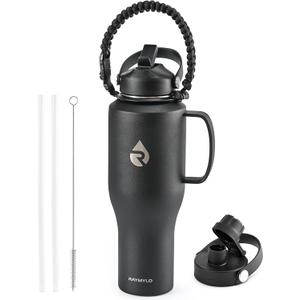 Insulated Water Bottle 40oz (Cold for 48 Hrs), Stainless Steel Water Bottle with Handle & Straw Lid & Paracord Handle, Triple Wall Vacuum Leakproof Travel Flask, Fit in Any Car Cup Holder (Magic Black)