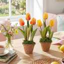 Spring Artificial Tulip Potted Plants Set of 2, 10.2 Inch Vintage Faux Yellow Tulips in Rustic Pot, Spring Table Centerpiece Arrangement for Desk Shelf Kitchen Dining Room Home Decor