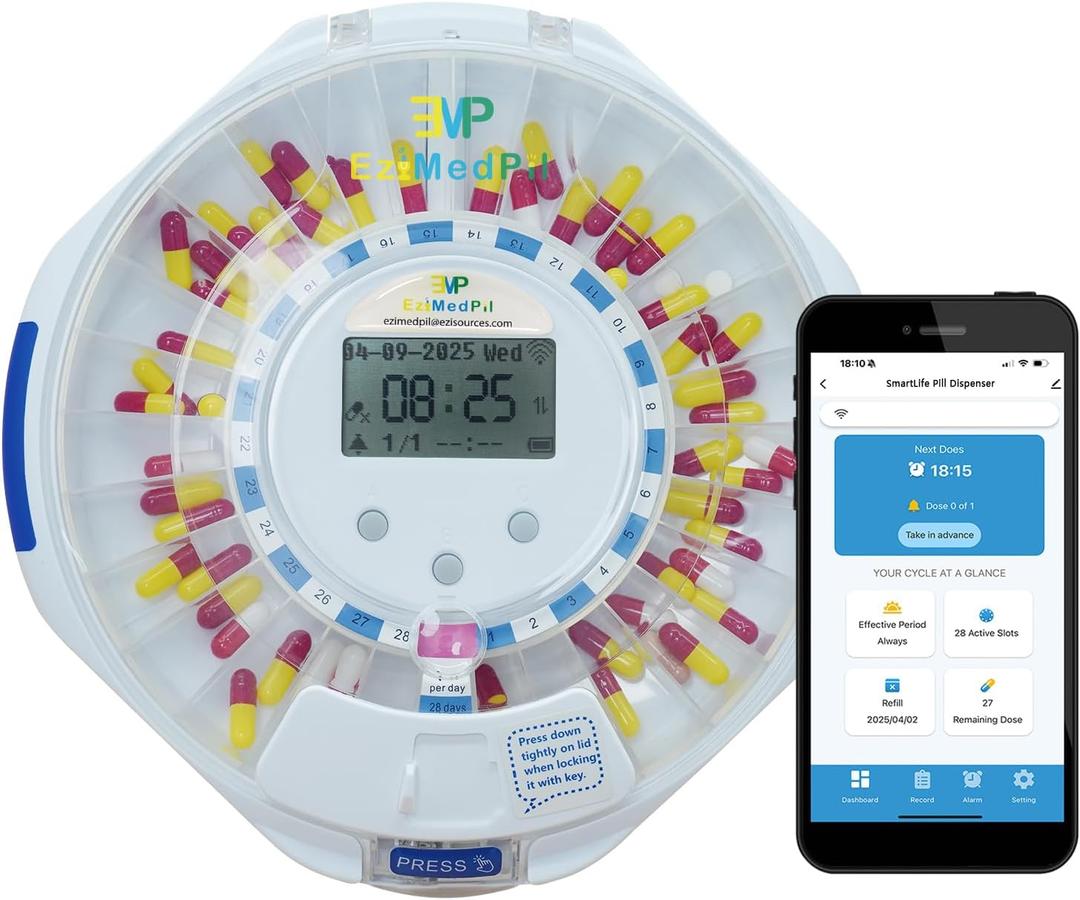 EziMedPil Smart WiFi Pill Dispenser w/Sound&Light Alerts,up to 9 Alarms/Daily,Easy Setup on WiFi Monitoring SmartLife App,28-Day Medication Organizer w/Lock Key for Prescriptions & Vitamins,Clear Lid (Blue)