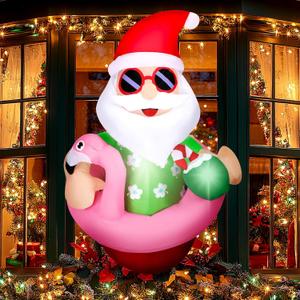 Kitticcino 4FT Christmas Window Inflatable Blow Up Hawaiian Santa Flamingo Swimming Ring Built-in LED Lights Inflatable Beach Santa Broke Out from Window Indoor Outdoor Yard Lawn Garden Party Decor
