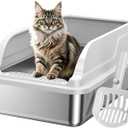 Stainless Steel Low Entry Cat Litter Box, Large Odor-Free High-Sides | Low entry for easy access, suitable for senior & all cats, entry grid cleans paws, non-slip rounded edges, scoop included