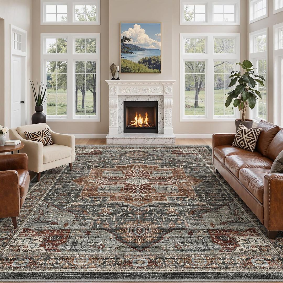 Roxstand 10x14 Area Rugs for Living Room - Large Washable Rug with Non-Slip Backing, Super Soft Vintage Carpet for Bedroom, Ultra-Thin Farmhouse Indoor Area Rug Home Decor (Grey/Brown/Tan, 10'x14')