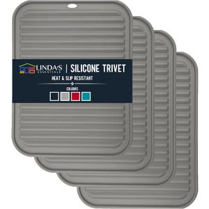 Silicone Trivets for Hot Dishes, Pots, Pans (4 Pack) - Heat-Resistant Pot Holders for Kitchen Countertop Mats - Silicone Trivet Mat (9 x 12 Inch) - Multipurpose Counter Pads (Grey)