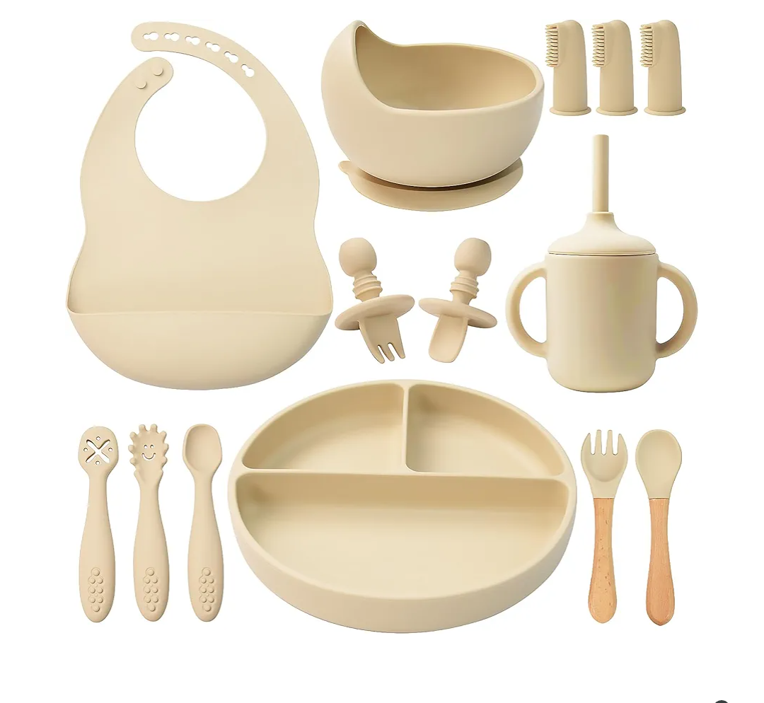 LITTLE RAWR Silicone Baby Feeding Set 14 Pcs,Baby Led Weaning Supplies, Baby Spoons Suction Bowl Divided Plate Bib Cup Finger Brush,First Stage Solid Food Eating Utensils  6+ Months(Beige)