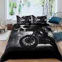 Homewish Black Motorcycle Rider Comforter Cover Set Gray Skull and Mist Decor Duvet Cover Queen Size,Extreme Sport for Boys Teens Men Bedding Set Microfiber Polyester Chic Quilt Cover Set