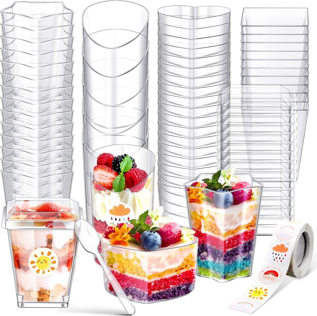 60 Pcs Clear Plastic Dessert Cups with Lids and Spoons Set Party Mini Square Heart Parfait Cups Slanted Round Fruit Pudding Pentagram Appetizer Cups Shooter Cups Dessert Containers and Stickers