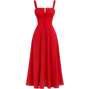 ABEHIK Women Floral Corset Dress Summer Dress 2026 Boho Flowy Slit Lace Up Midi Dresses Going Out A Line Casual Sundress (Red, M)