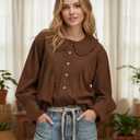 2 x HOCANDY Peter Pan Collar Shirt Women Button Down Blouses Cute Business Casual Long Sleeve Loose Shirred Lace Trim Shirts Brown (Brown, M)