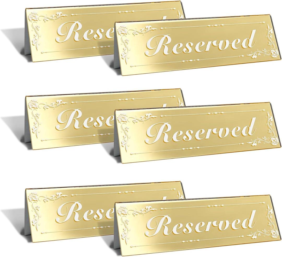 6 Pcs Mirrored Gold Reserved Table Signs, 6" x 2" Double-Sided Acrylic Table Tent Cards for Wedding, Restaurant, Banquet, Ceremony, Party, Events