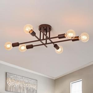 Industrial 6-Light Semi Flush Mount Ceiling Light Fixture, Oil Rubbed Bronze Modern Ceiling Lights, Rustic Sputnik Ceilings Lamp for Living Room Hallway Foyer Entryway (Oil Rubbed Brown)