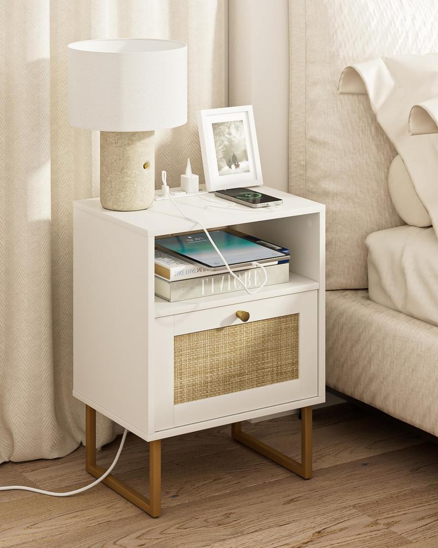 Masupu Rattan Nightstand with Charging Station,Modern Boho Farmhouse Wood Bedside Table with Storage Drawer and Open Shelf,Small Gold Frame Side End Table for Bedroom,Living Room,Office White (Normal Size)