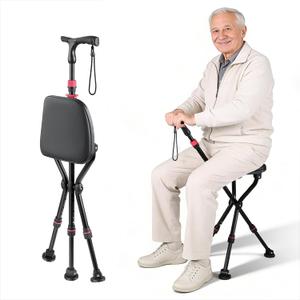 300-Pound Capacity Folding Cane with Seat, Adjustable Seat & Cane Height, Portable, Non-Slip Pads, Suitable for Middle-Aged & Senior Users, Daily Walking, Waiting in Line & Travel