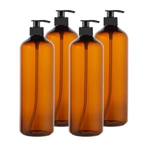 zmybcpack 3 Pack 32 OZ Empty Plastic Pump Bottles With 1 Pen, Labels & Silicone Funnel, Amber Empty Shampoo Bottles with Pumps For Body Wash, Shampoo, Massage Lotion, Gel