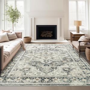 zesthome 8x10 Area Rugs-Washable Rug for Living Room, Non-Slip Backing Rugs, Stain Resistant 8x10 Rug for Bedroom, Ultra-Thin Low Pile Rugs, Vintage Large Home Decor (Grey/Beige)