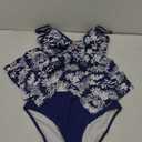 Tankini Swimsuits for Women Tummy Control Two Piece Bathing Suit V Wire Neck Flowy Swimwear Top with Bottom (Large, Navy Blue Leaf Print)