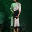 Spadehill Women Halloween Babara Midi Puff Sleeve Dress Button Print Pleated Costume L