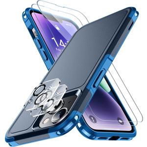 SPIDERCASE for iPhone 14 Case/iPhone 15 Case, [15 FT Military Grade Drop Protection][Non-Slip] 2 Pack [Tempered Glass Screen Protectors+Camera Lens Protectors] Heavy Duty Shockproof Case, Dark Blue