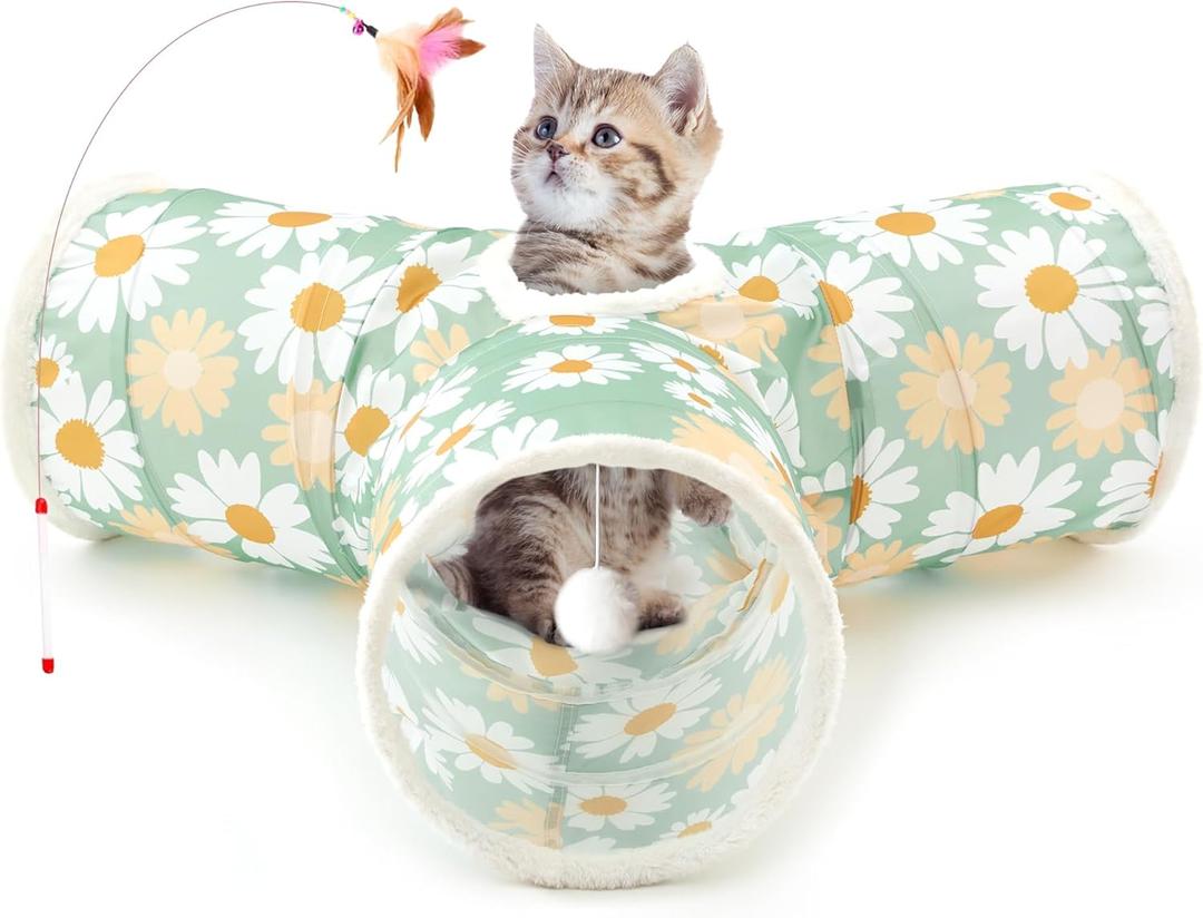 Tempcore Pet Cat Tunnel Tube Cat Toys 3 Way Collapsible, Cat Tunnels for Indoor CatsKitty Tunnel Bored Pet Toys Peek Hole Toy Ball Puppy, Kitty, Kitten, Rabbit Daisy Green Printed