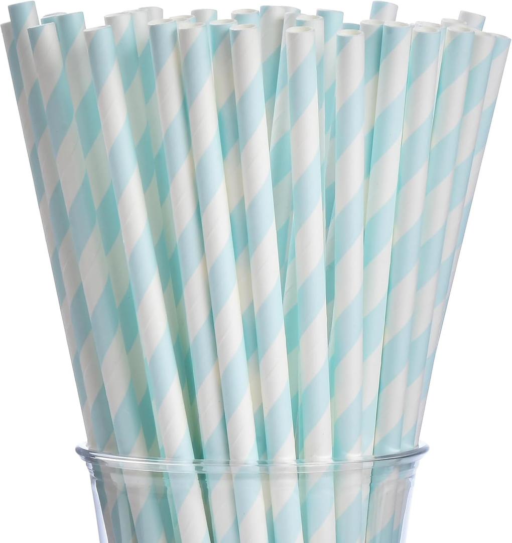 ALINK 100 Light Baby Blue and White Striped Paper Straws, Biodegradable Disposable Drinking Straws for Baby Shower, Brithday, New Year, Party Decoration Supplies