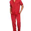 Ekouaer Men Satin Silk Pajamas  Piece Button Down Sleepwear Long Pants Loungewear with Pockets Red Thin Stripe X-Large