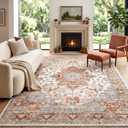 10x14 Area Rugs for Living Room, Machine Washable Boho Vintage Rug, Waterproof Surface & Non-Slip Backing, Foldable Soft Low Pile Floral Medallion Carpet for Bedroom Dining Room