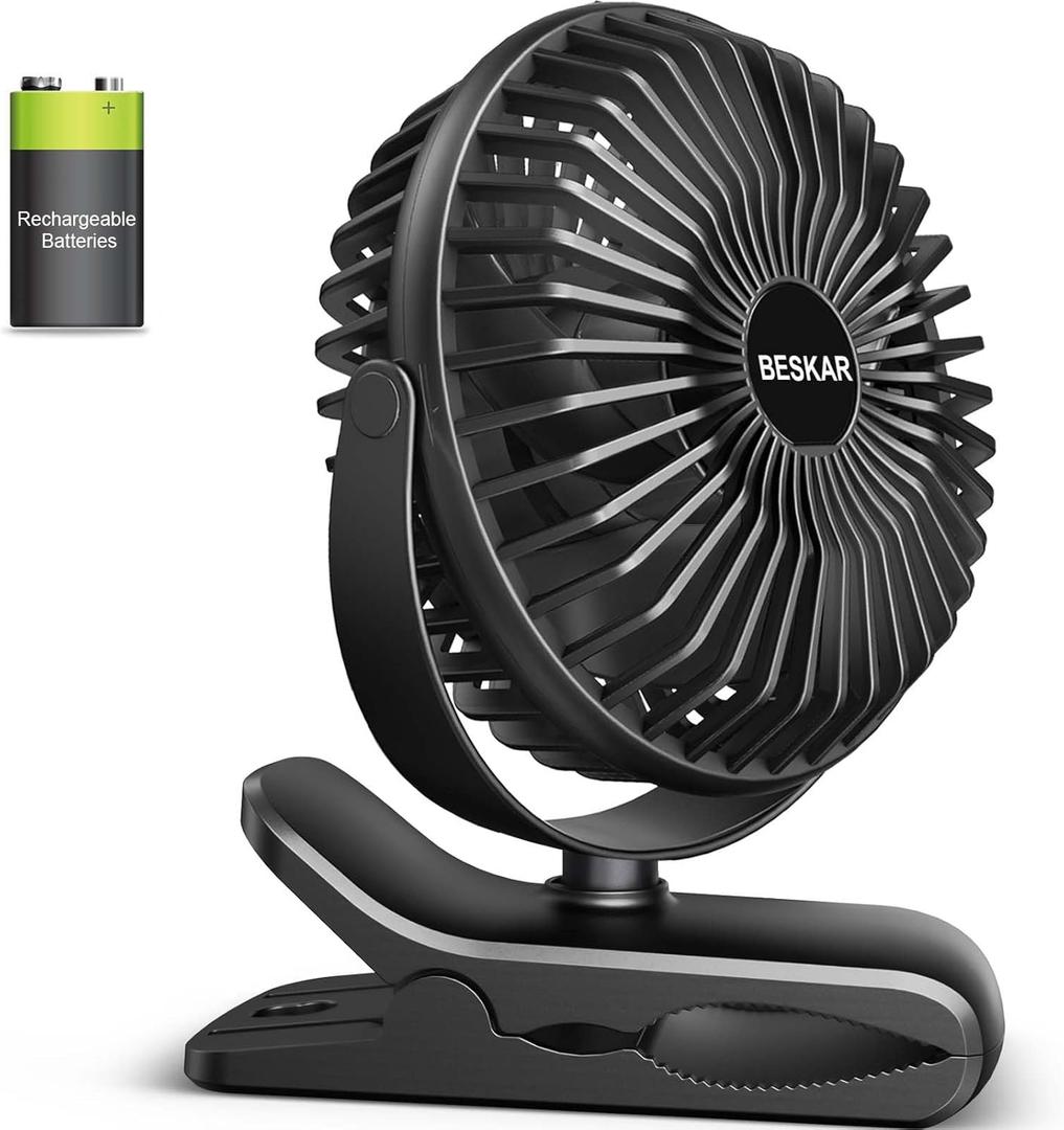BESKAR Portable Clip on Fan Rechargeable, 4 Speeds Small Battery Operated Fan, USB Desk Fan with Strong Airflow, Sturdy Clamp for Golf Cart Office Outdoor Travel Camping (Full Black)