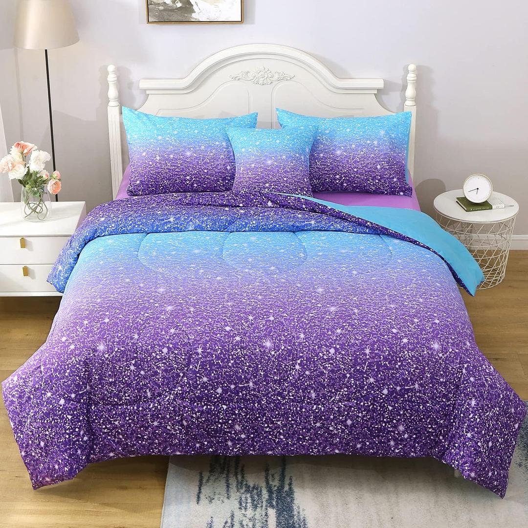 JQinHome Glitter Comforter Set Twin Size,6 Piece Bed in A Bag 3D Colorful Ombre Bedding Set for Girls Kids (1 Comforter,2 Pillowcases,1 Flat Sheet,1 Fitted Sheet,1 Cushion Cover), Blue Purple 