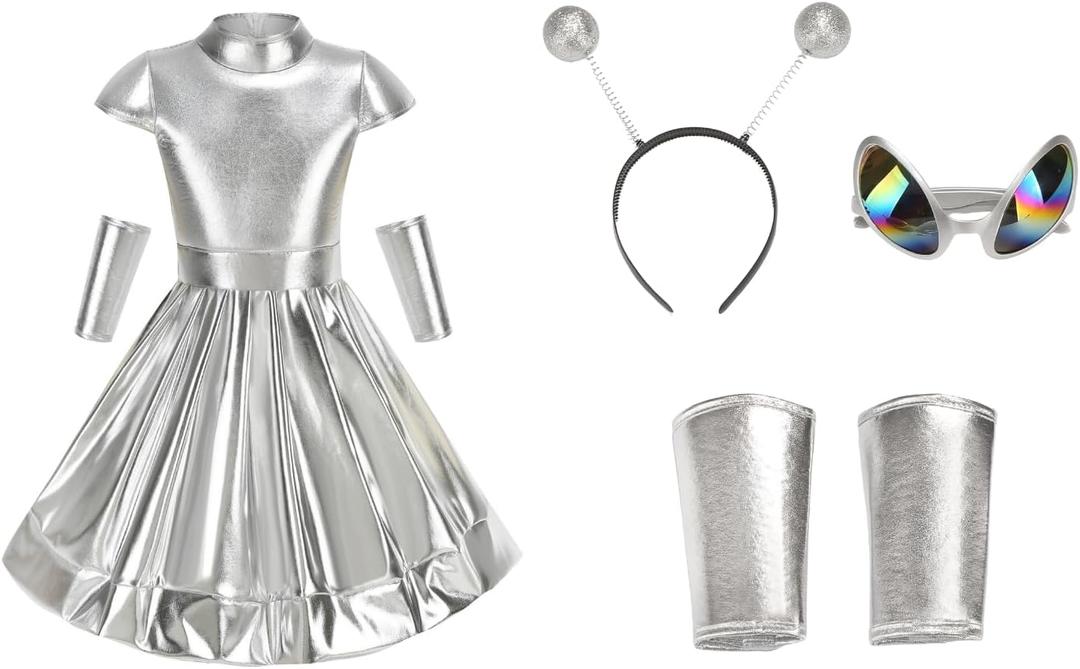 TOONRAIN Girls' Silver Alien Costume Set - Perfect for Parties and Gatherings (8-9Y)