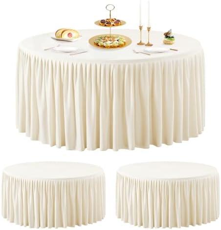 Wish Care 2 Packs 6FT Round Tablecloth 72Inch, Ivory Stretchy Fitted Table Cloths, Wrinkle Resistant Polyester Table Cover with Pleated Ruffle Skirt for Party, Wedding and Banquet Decoration