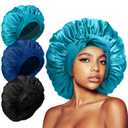 3Pcs Silk Bonnet for Sleeping Women, Satin Hair Bonnets for Curly Hair, Jumbo Bonnet with Tie Band Braids (A14-Black+Cyan Blue+Dark Blue)
