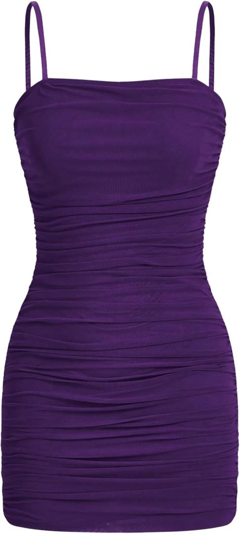 SOLY HUX Women's Sexy Ruched Spaghetti Strap Mini Dress Sleeveless Bodycon Party Cocktail Dresses (Medium, Pure Purple)