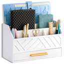 dreampossible white Wood Desk Organizer and Accessories with Drawer, Bill Mail Organizer and File Mail Holder for Office Supplies, Modern Desk Accessories & Workspace Organizers for Desk Organization