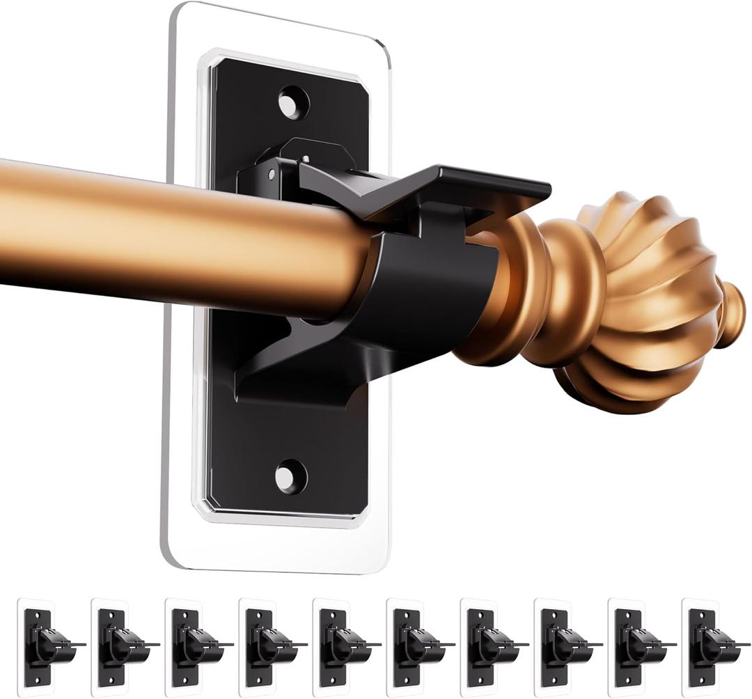 No Drill Curtain Rod Brackets, 10-Pack Self-Adhesive Curtain Rod Holders, Nail-Free Adjustable Hooks for 0.5-1.18 Inch Poles, Heavy-Duty Black Curtain Rod Hangers