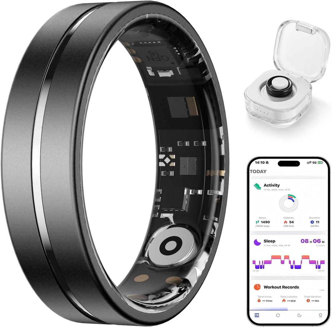 Smart Ring for Women Men, AI Health Fitness Tracker with Sleep, Heart Rate, Blood Oxygen, HRV, Stress, Gesture Photo, IP68 Waterproof, No Subscription, iOS Android (Matte Black,8)