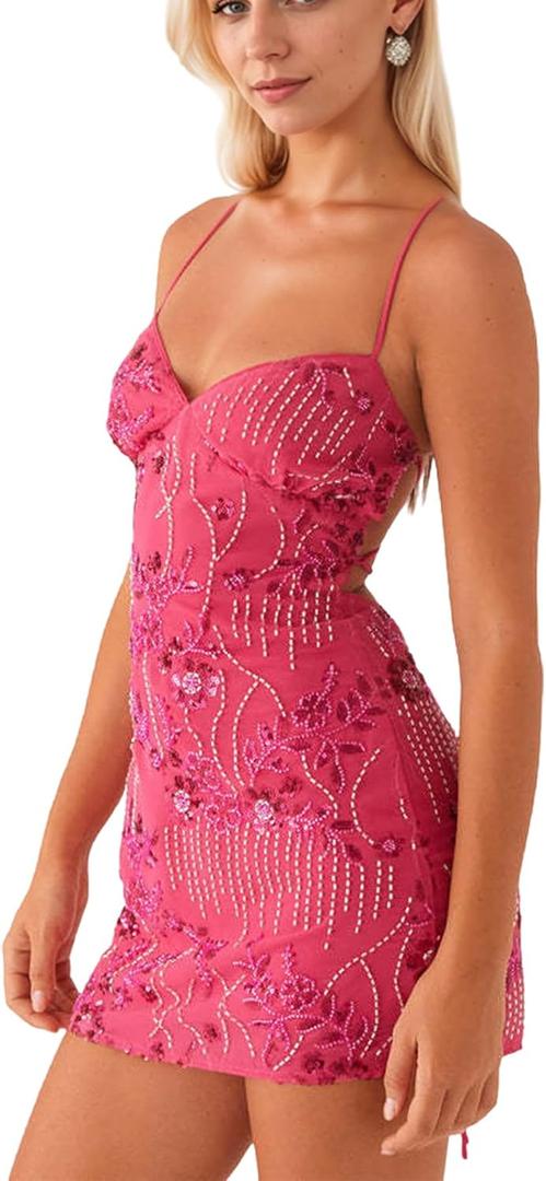 Women Sequin Sparkly Rhinestone Mini Dress Sleeveless Backless Deep V Neck Glitter Short Cami Dress Party Clubwear (Large, Hot Pink)