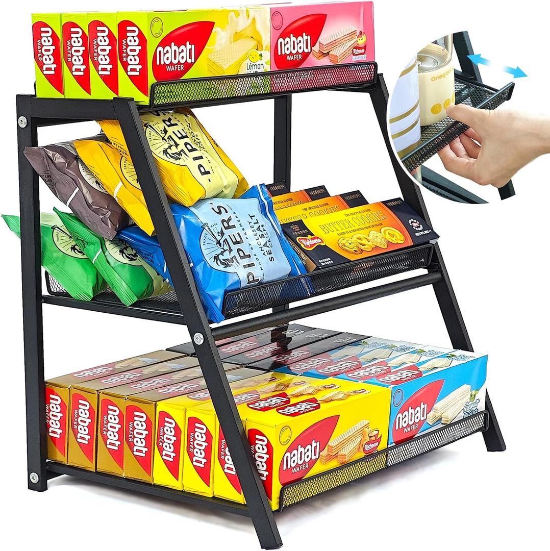 Candy Display Rack with Pull-out Tray, 3-Tire Snack Organizer for Countertop Concession Stand, Metal Snack Display Retail Display Shelf for Store Movie Theater, Chip Bag Holder, Cupcake Display Stand