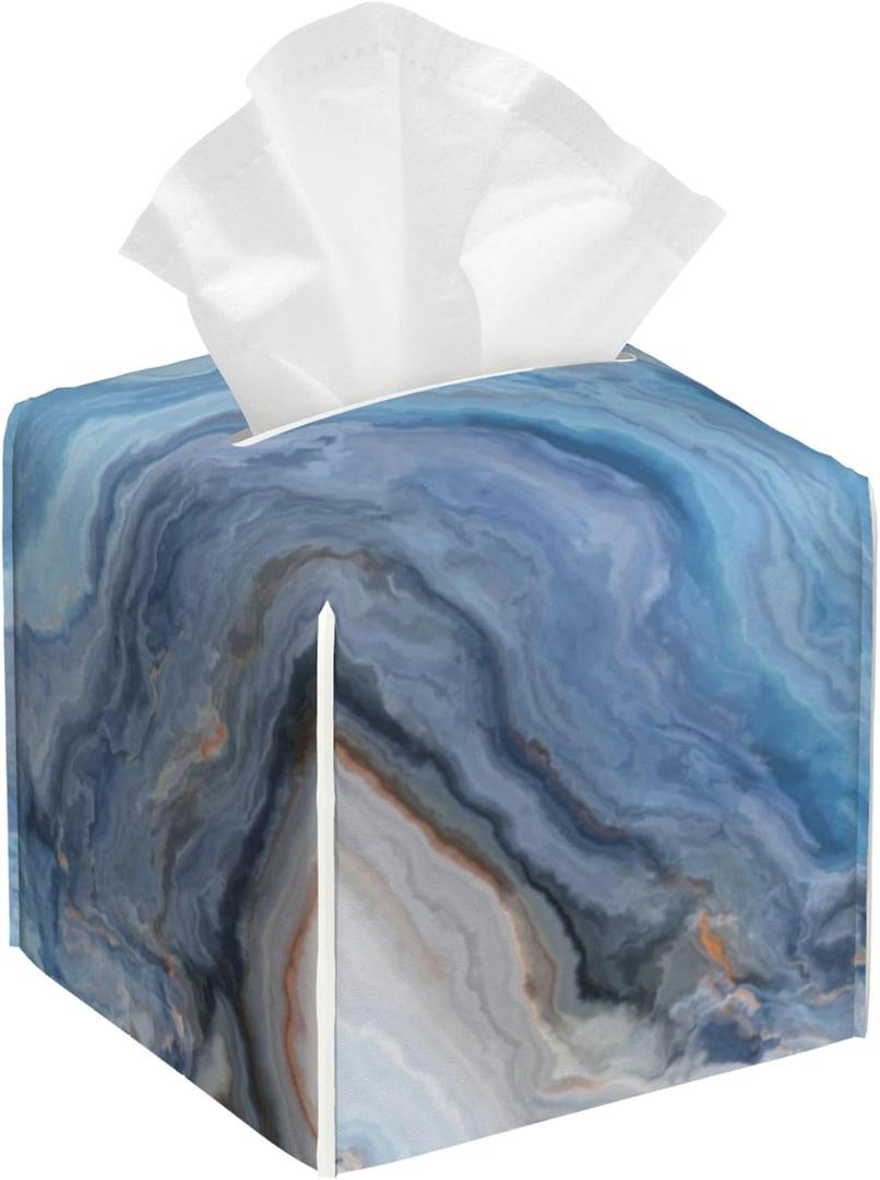 Tissue Box Cover Blue and Grey Marble Leather Tissue Box Holder Cube Paper Case Cover Facial Paper Organizer Dispenser for Bathroom, Vanity Countertop, Office Desk