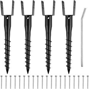 4 x No Dig Ground Screw Anchor - Black U Shaped Post Stake for 4x4 Wood Posts, Includes Lag Bolts & 27" Rebar, for Mailbox Posts and Fence Posts Anchor, 4 Pack
