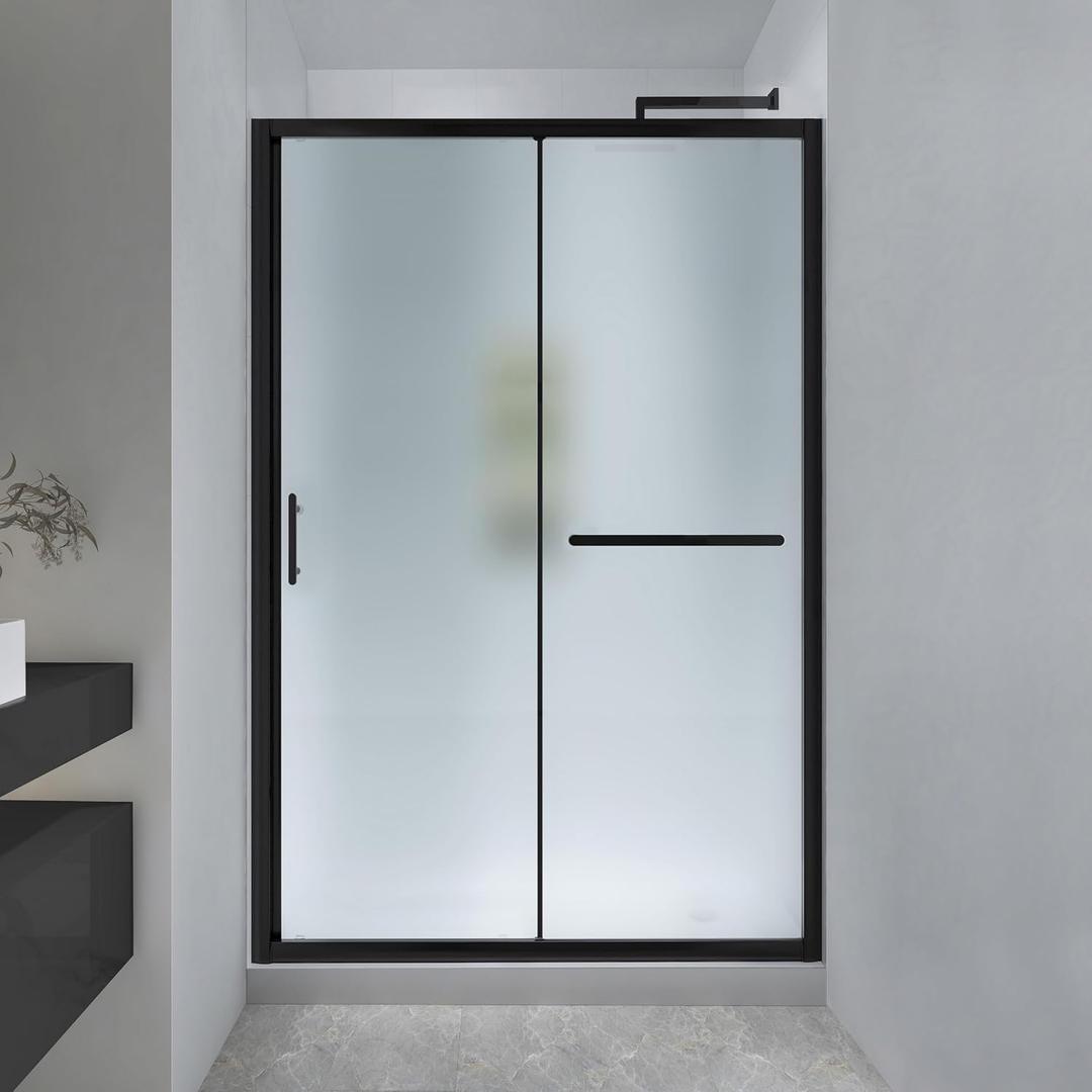 FELYL Frosted Sliding Shower Door 43-48" W x 72" H, Matte Black, Single Sliding Door, Framed, 1/4" (6mm) SGCC Tempered Glass, Reversible Installation