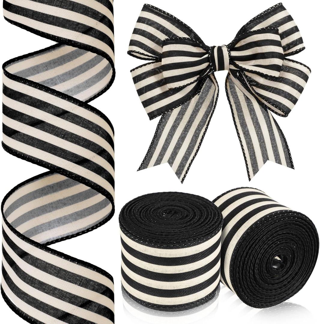 Moukeren 2 Rolls Black and Cream White Stripe Wired Edge Ribbon Halloween Rustic Ivory Boho Black and White Ribbon for Christmas Party Gift Wrapping Bow DIY Craft Home Decor(2 Inch, 20 Yard)